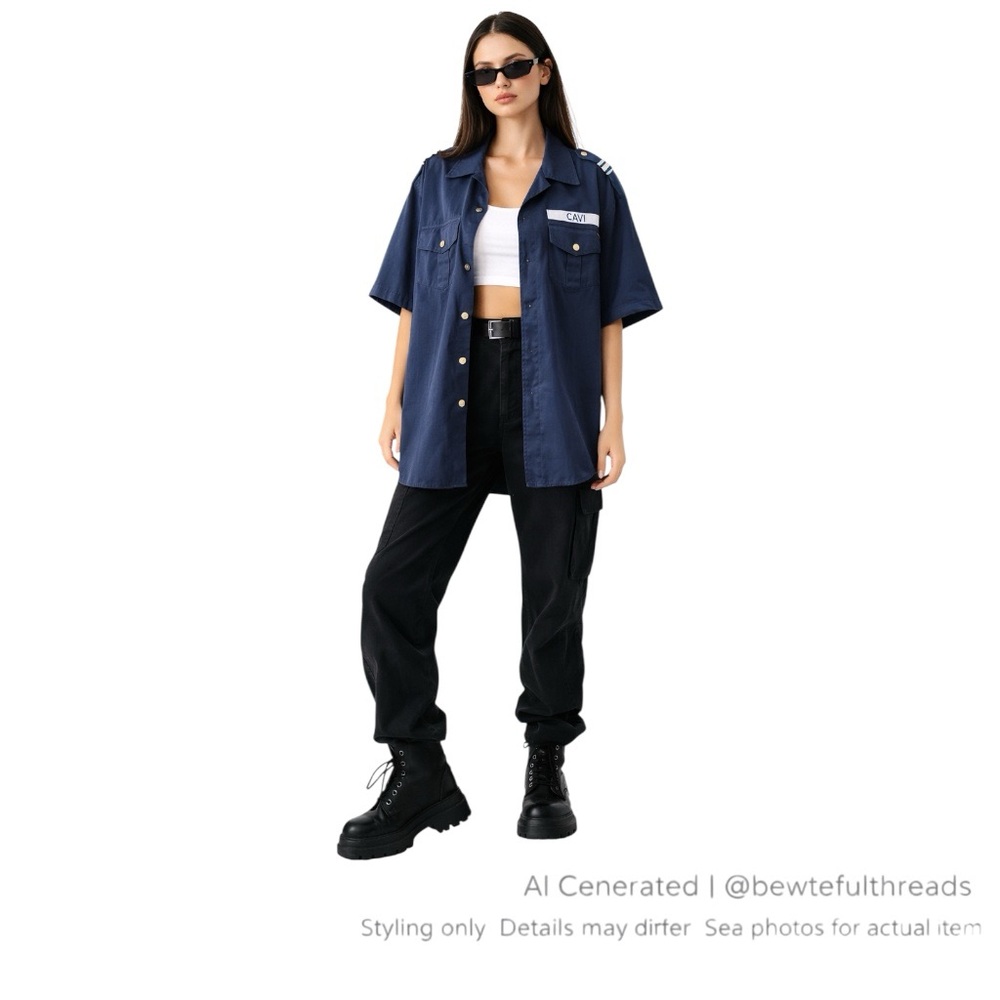 Oversized Navy Utility Shirt Women Military Streetwear Shacket XL Mens